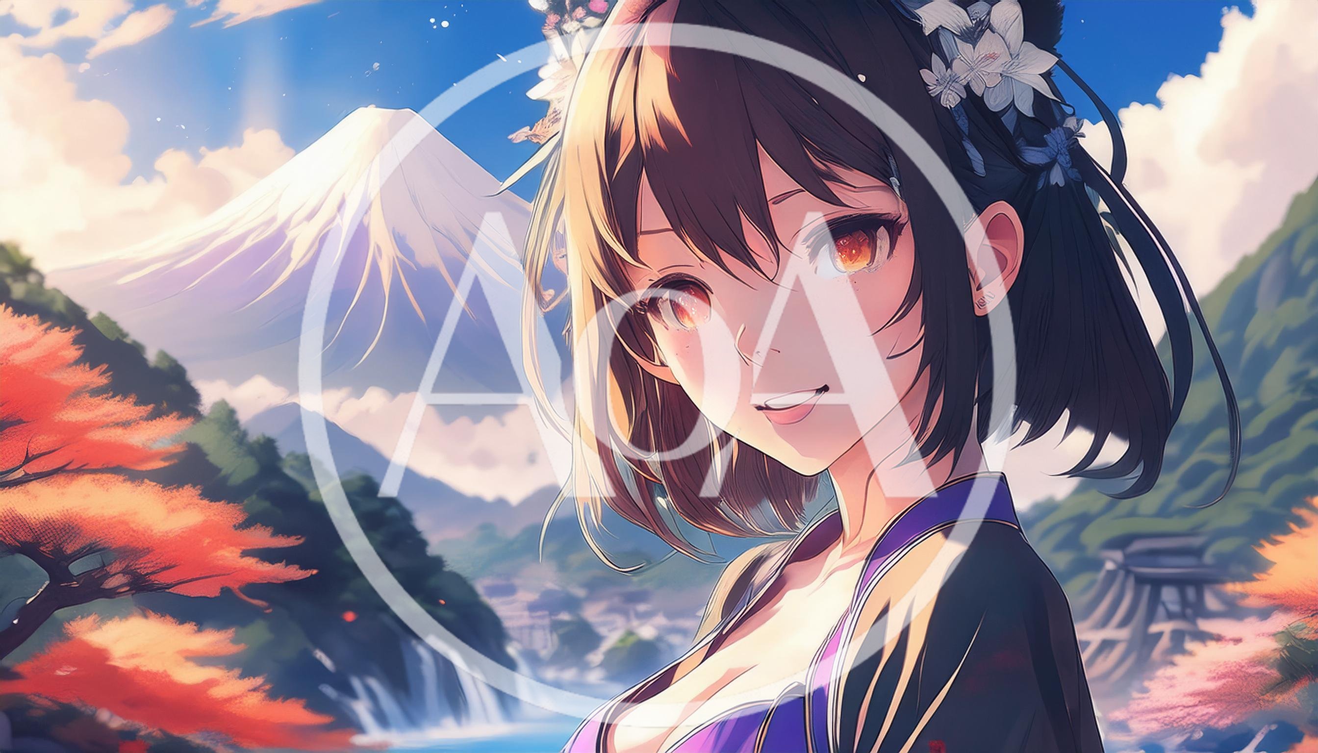 Anime Girl Portrait With Mount Fuji Background