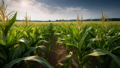 Lush Green Corn Field Under A Bright Summer Sky