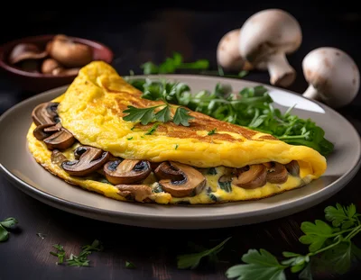 Mushroom Omelet Served on a Plate with Fresh Herbs
