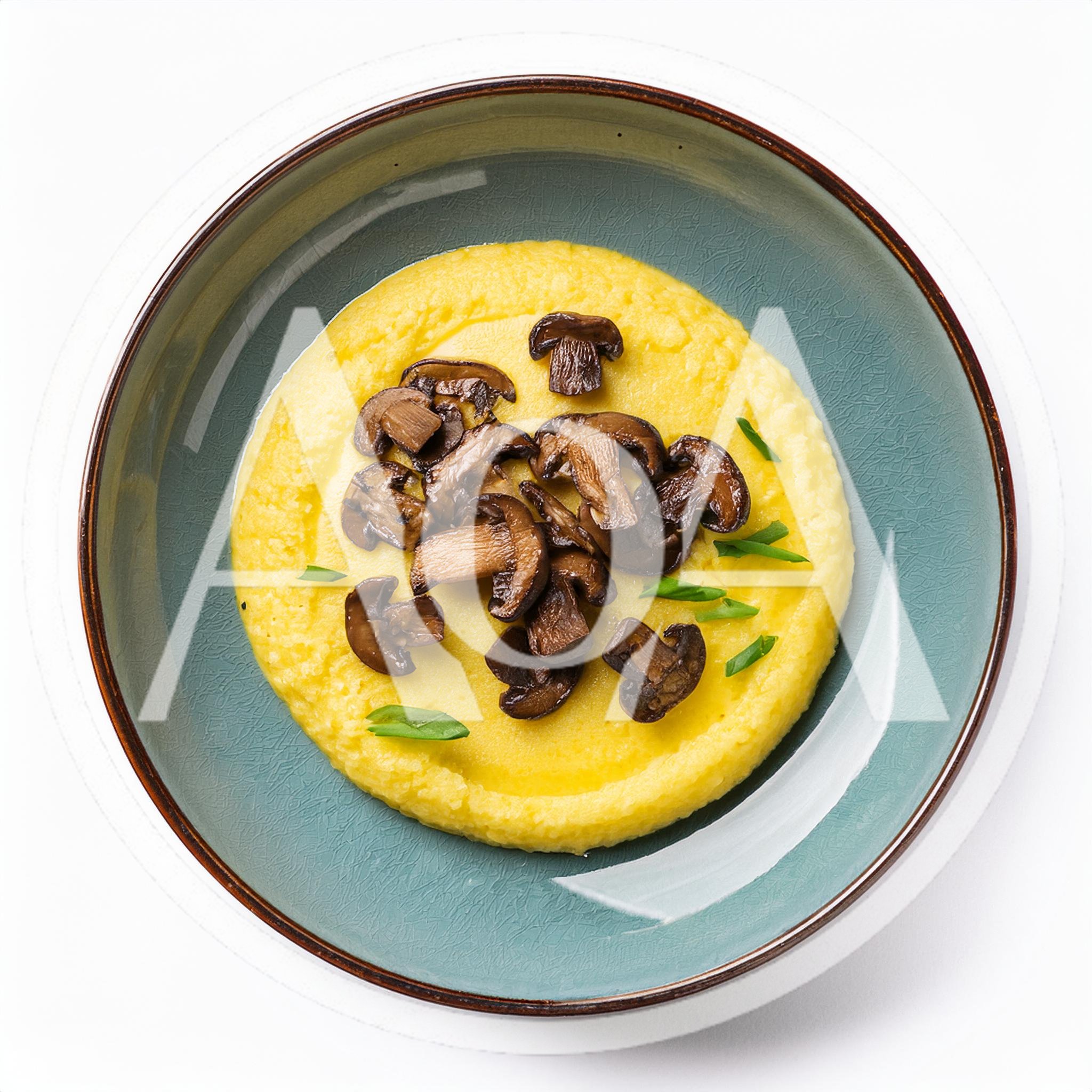 Polenta With Sautéed Mushrooms In A Ceramic Bowl