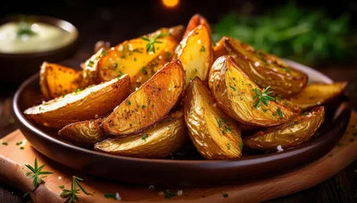 Golden Roasted Potato Wedges on a Rustic Plate