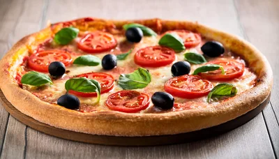 Fresh Margherita Pizza With Tomatoes And Black Olives