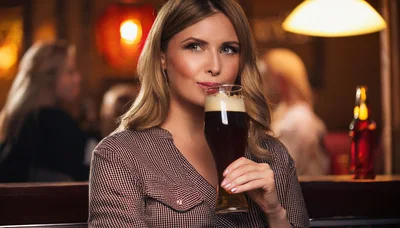Young Woman Drinking Dark Beer in a Pub