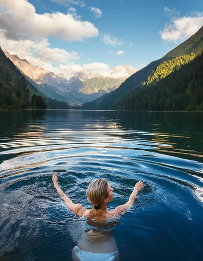 Woman Swimming In A Serene Alpine Lake