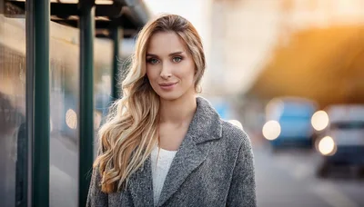 Portrait Of A Beautiful Blonde Woman At A Bus Stop