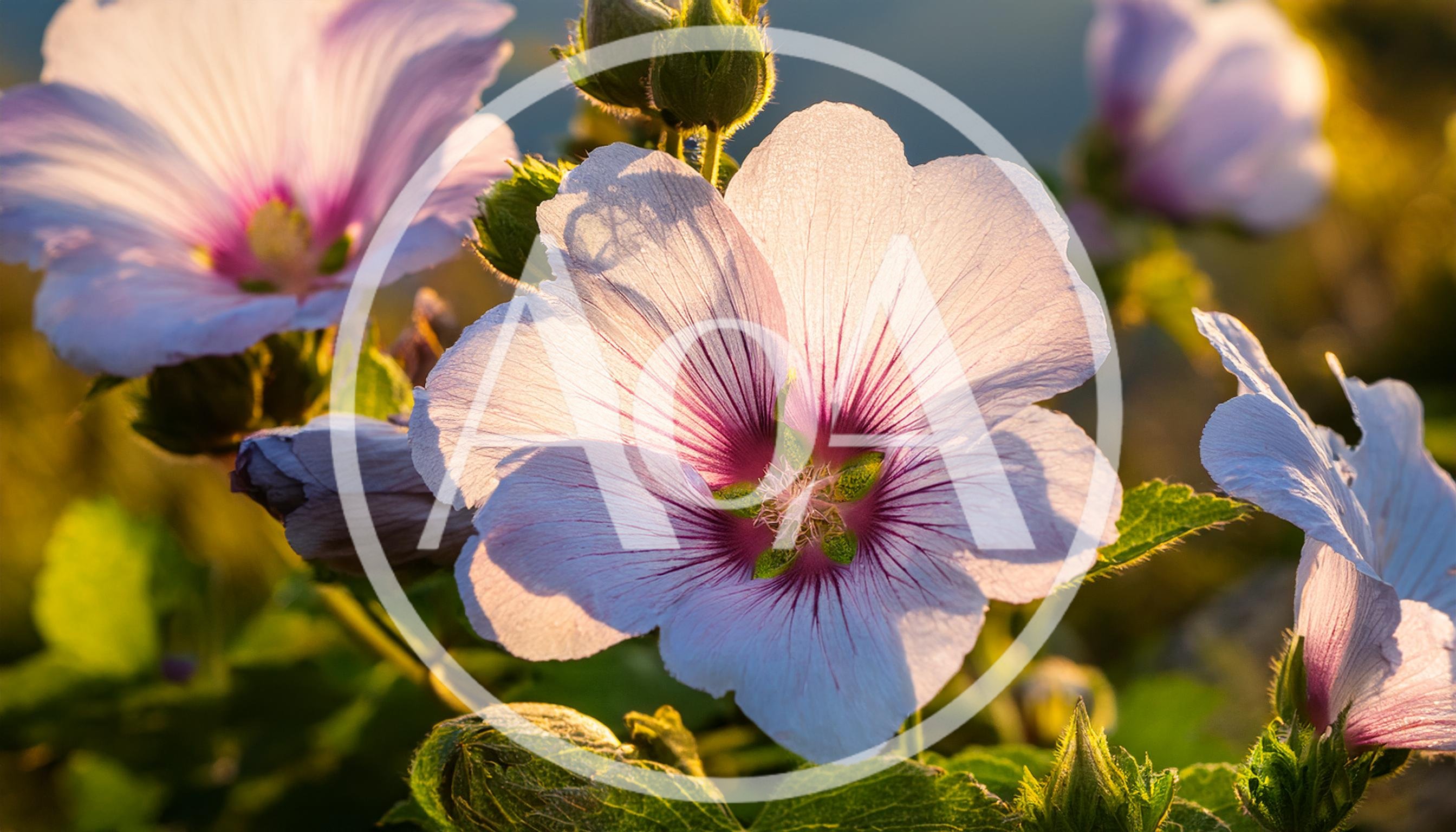 Close Up Of Pale Pink Mallow Flowers In Sunlight