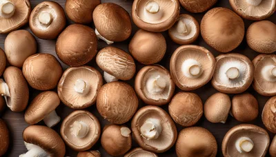 Fresh Brown Cremini Mushrooms On Dark Wooden Surface