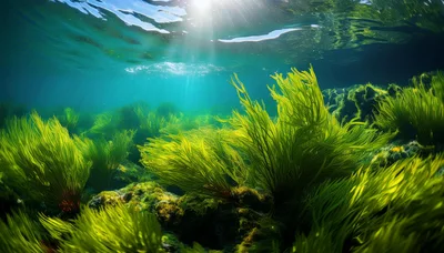 Vibrant Green Seaweed Underwater With Sun Rays