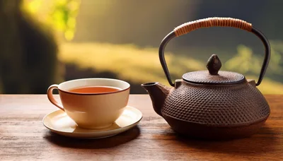Cast Iron Teapot and Tea Cup on Wooden Table