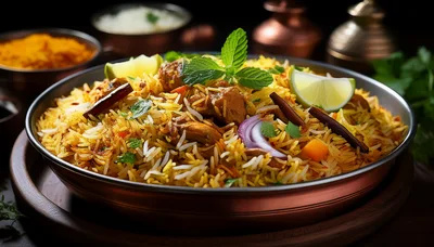 Delicious Chicken Biryani Served In A Copper Bowl