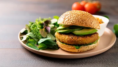 Vegetarian Burger With Avocado And Fresh Salad