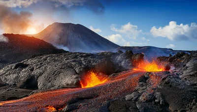 Active Volcano Eruption With Molten Lava Flow