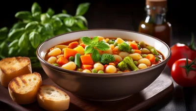 Bowl Of Vegetable Minestrone Soup With Toasted Bread