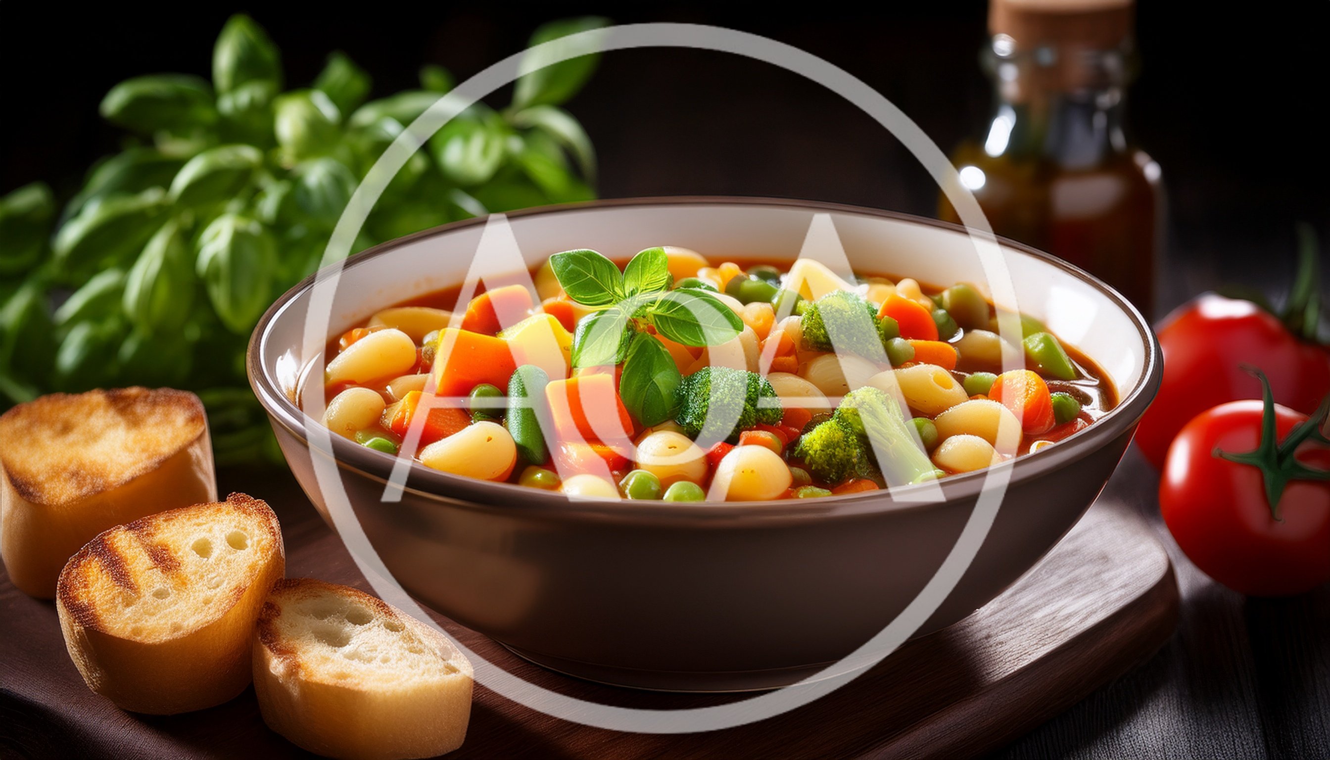 Bowl Of Vegetable Minestrone Soup With Toasted Bread