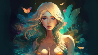 Ethereal Blonde Woman With Butterflies In Magical Forest