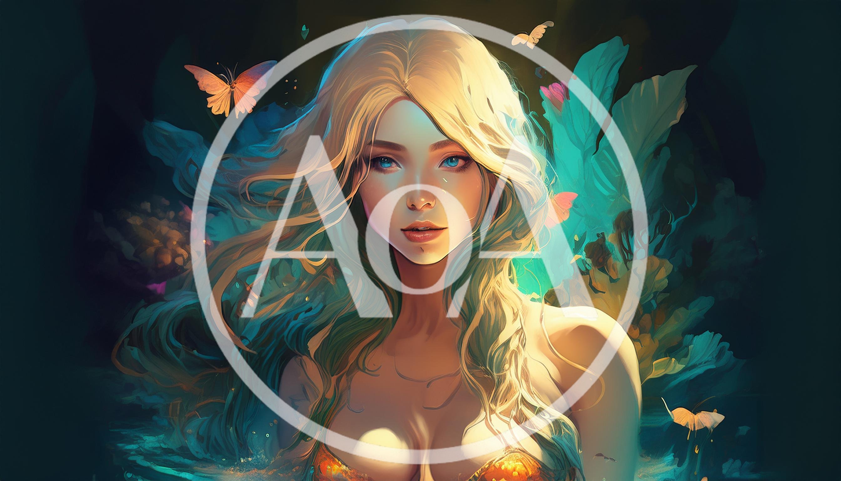 Ethereal Blonde Woman With Butterflies In Magical Forest