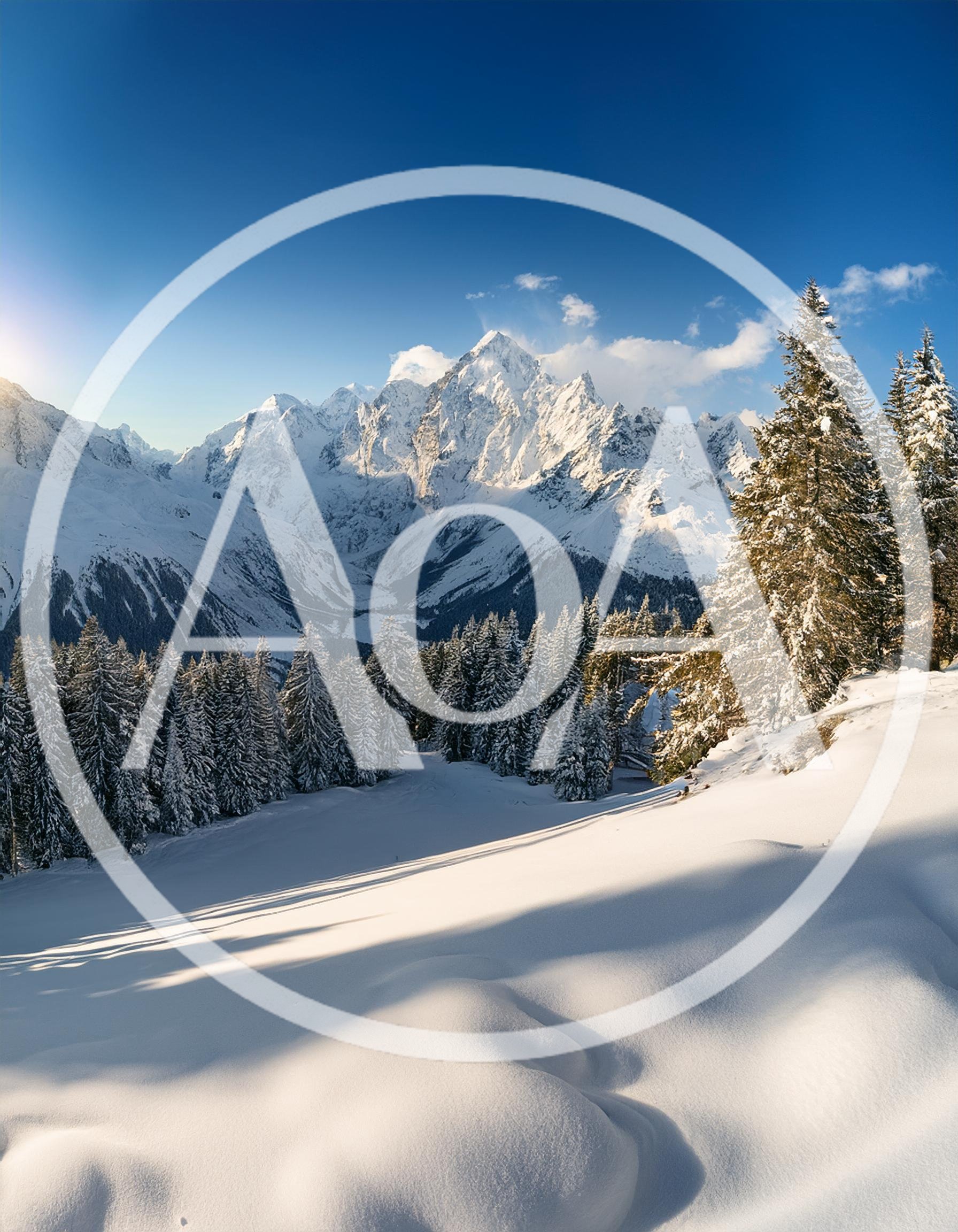 Snow Covered Alpine Mountain Landscape With Pine Forest