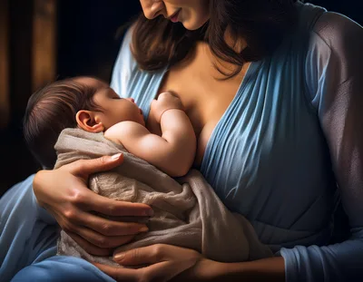 Mother Breastfeeding Her Newborn Baby In Soft Light