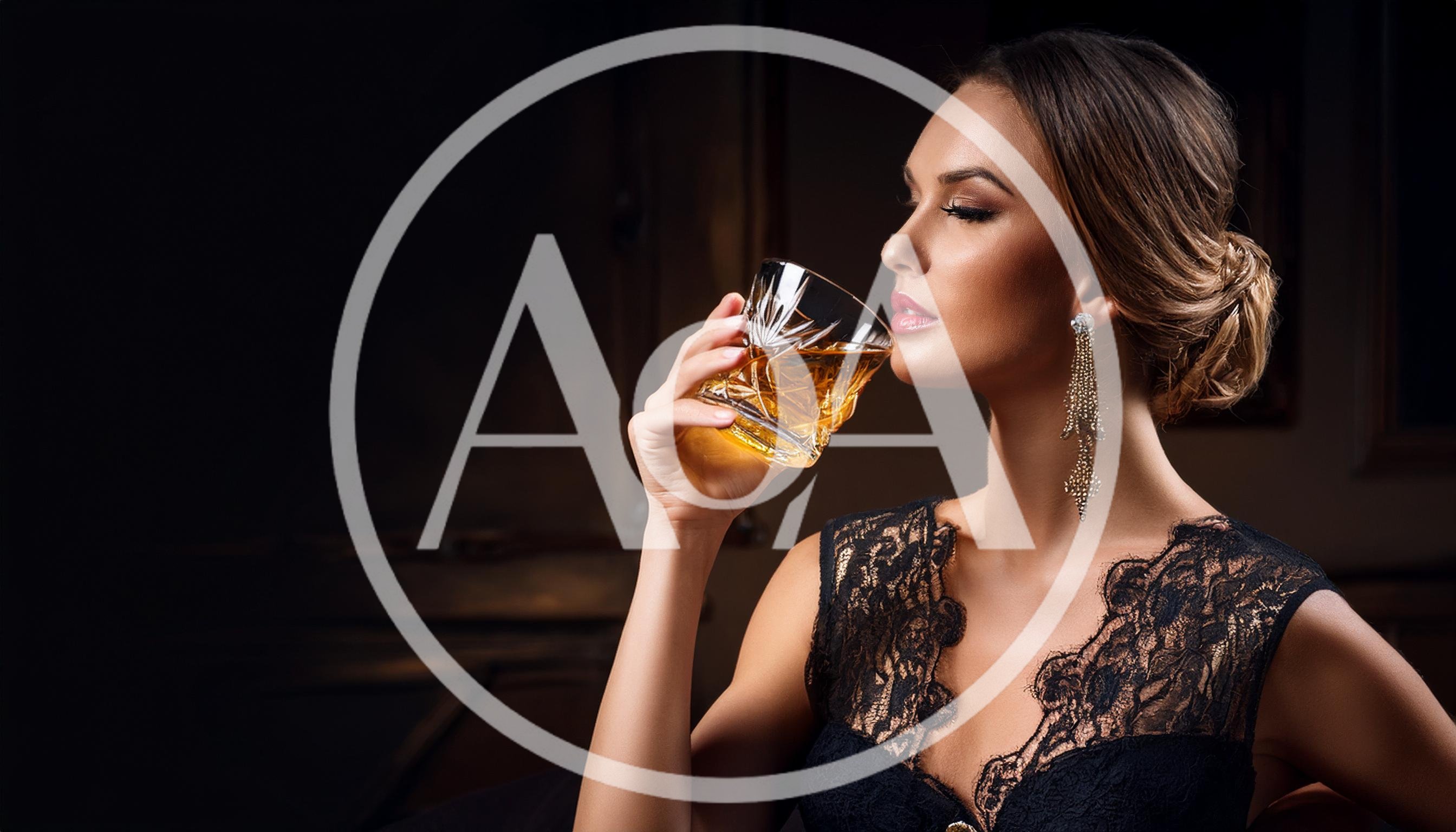 Elegant Woman Drinking Whiskey in a Dimly Lit Room