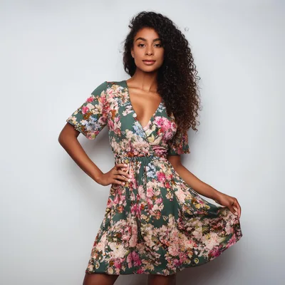 Young Woman Posing In A Floral Summer Dress