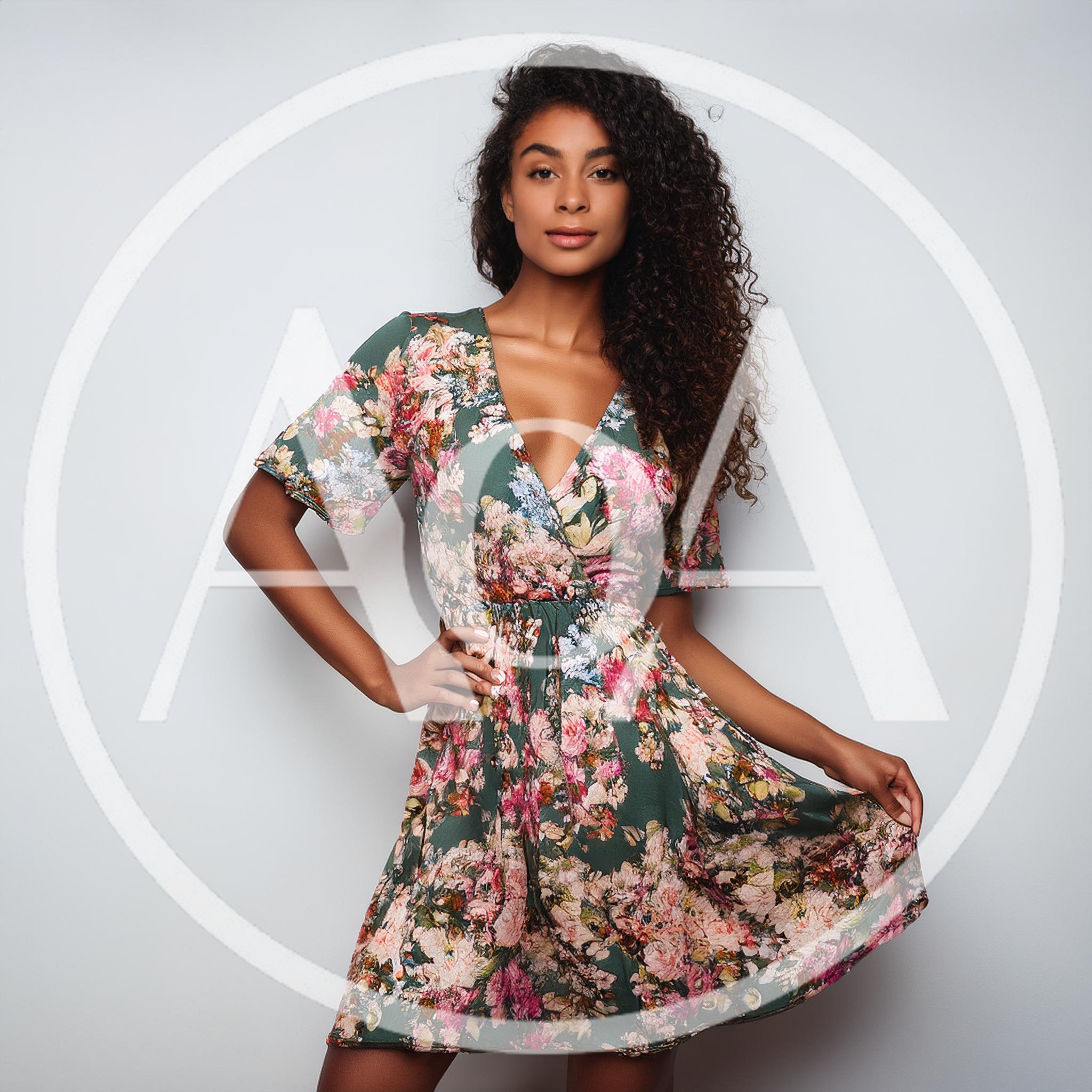 Young Woman Posing In A Floral Summer Dress