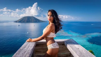 Beautiful Woman Posing On A Scenic Mediterranean Balcony