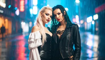 Two Stylish Women Posing In Rainy City Street