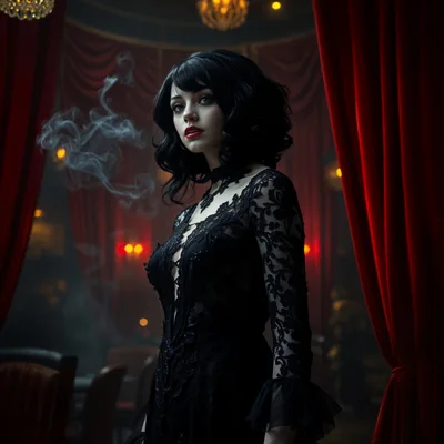 Gothic Woman In Black Lace Dress Standing By Curtains