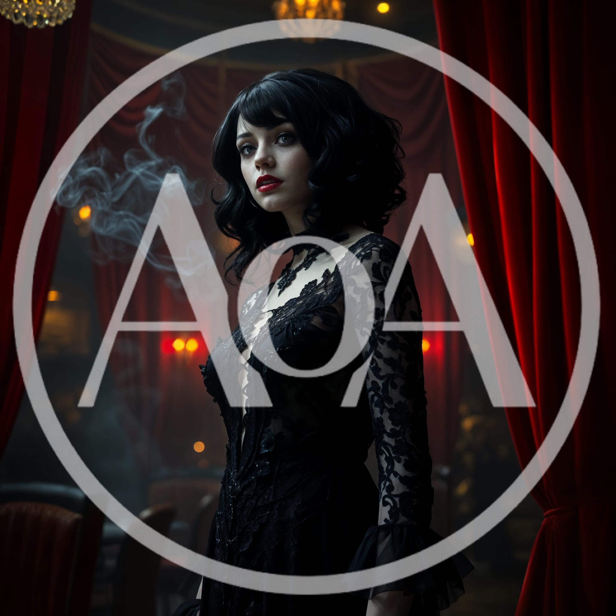Gothic Woman In Black Lace Dress Standing By Curtains