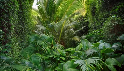 Lush Tropical Rainforest Foliage With Palm Trees