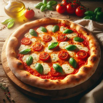 Fresh Margherita Pizza With Basil And Cherry Tomatoes
