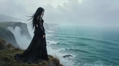 Gothic Woman Standing On A Misty Coastal Cliff