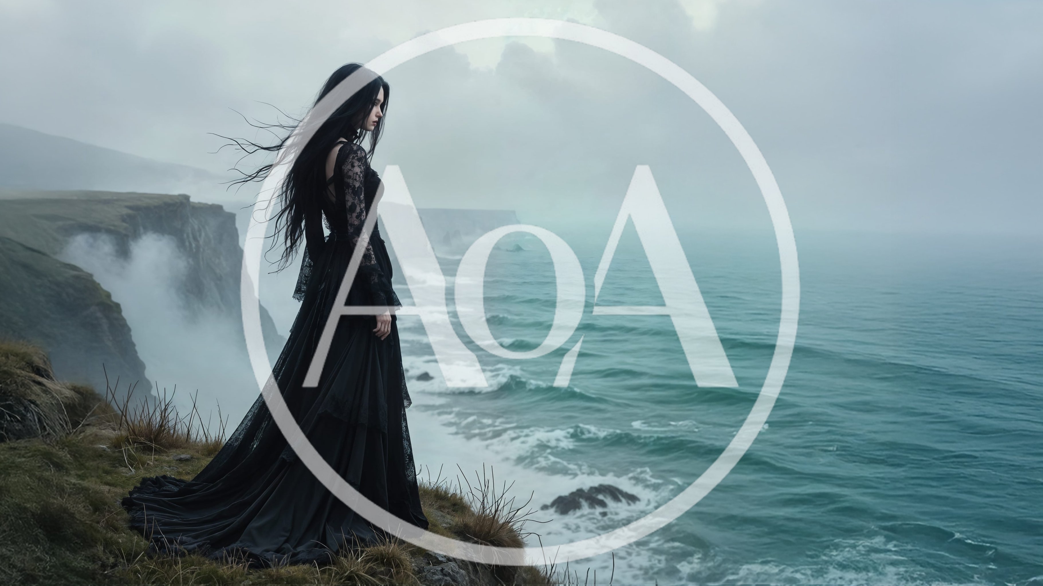 Gothic Woman Standing On A Misty Coastal Cliff