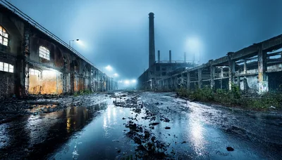 Abandoned Industrial Factory Complex At Night In Rain