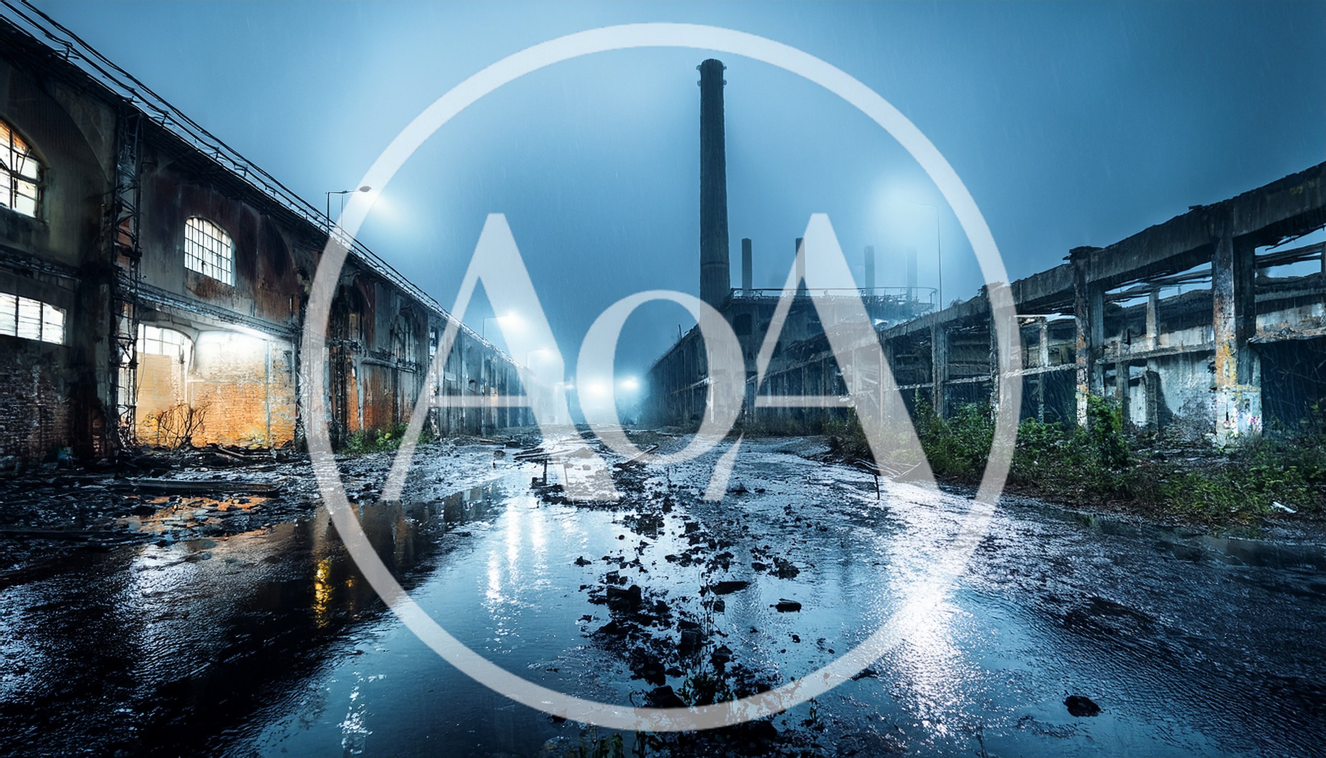 Abandoned Industrial Factory Complex At Night In Rain