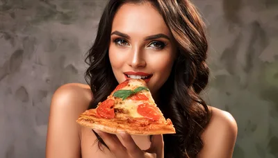 Beautiful Woman Eating A Slice Of Pizza