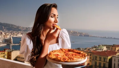 Young Woman Eating Pizza Overlooking Naples Bay