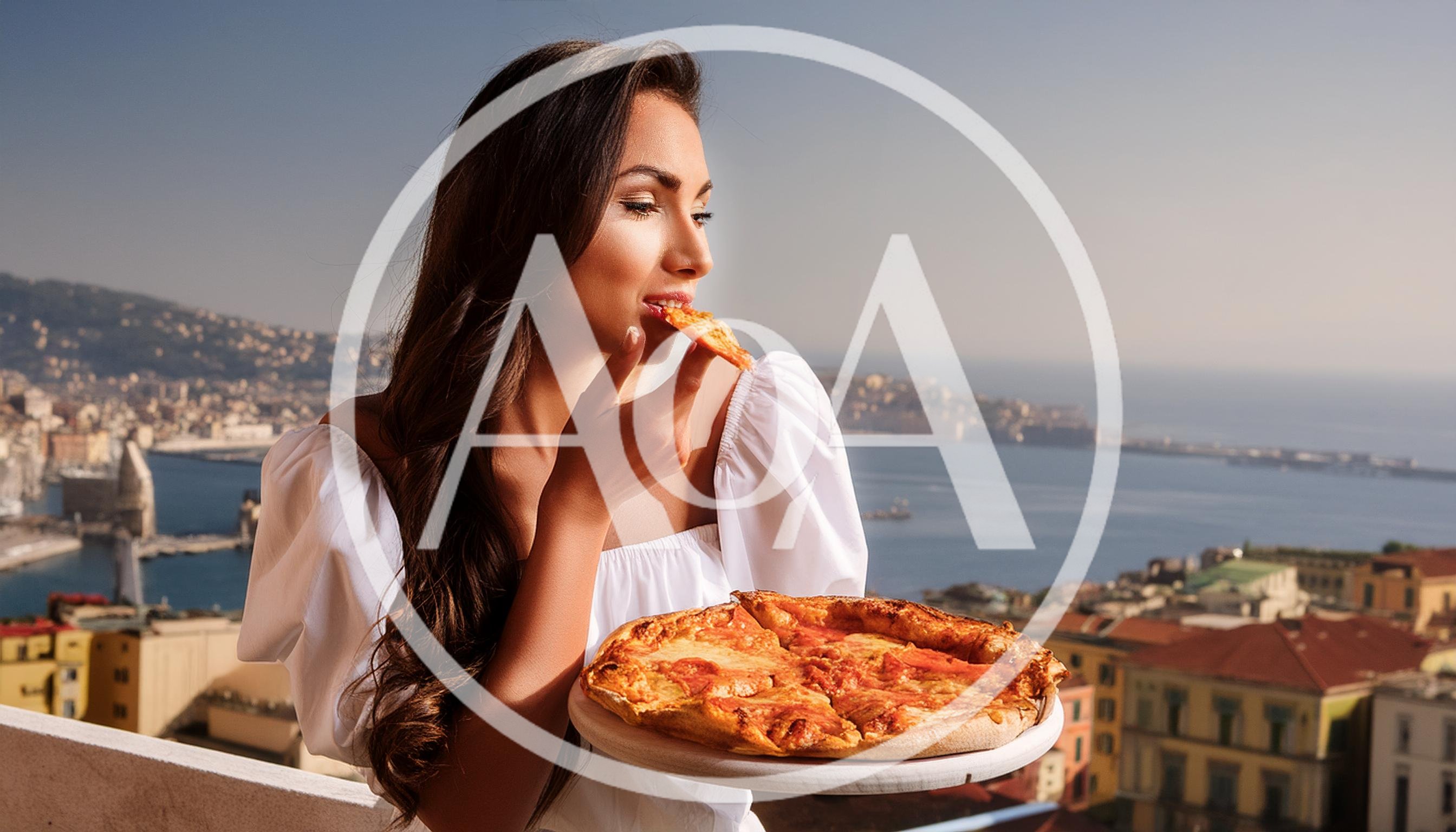 Young Woman Eating Pizza Overlooking Naples Bay