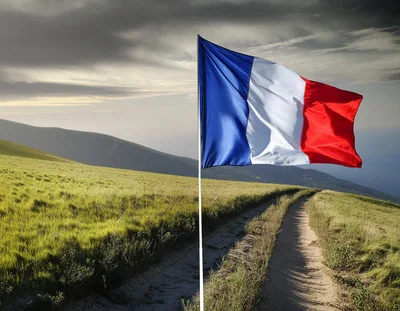 French Flag Waving Over A Grassy Hillside Path