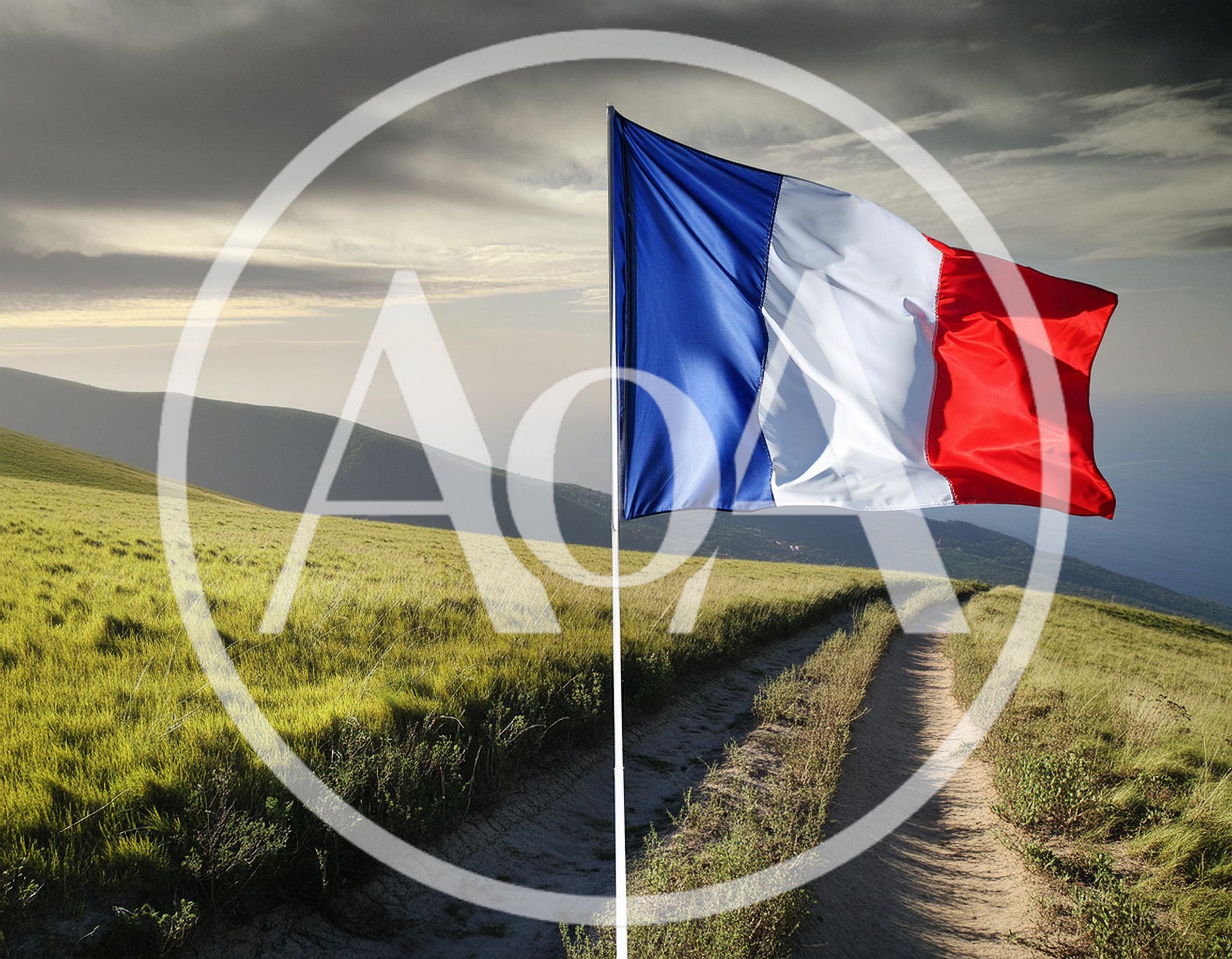 French Flag Waving Over A Grassy Hillside Path