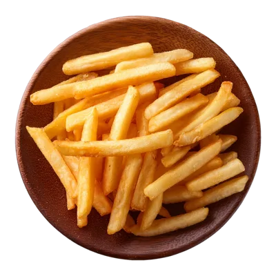 Top View Of Golden French Fries In Wooden Bowl