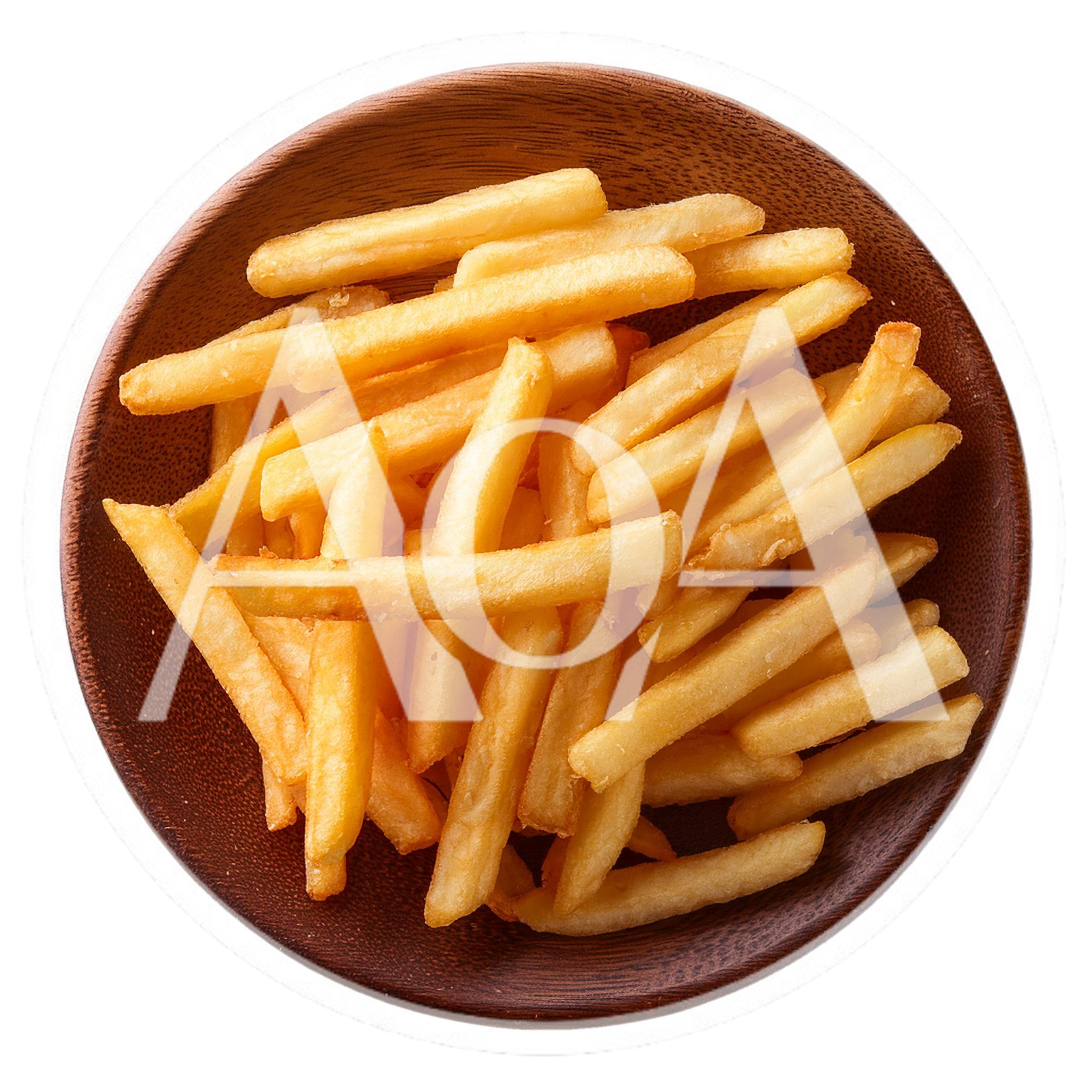 Top View Of Golden French Fries In Wooden Bowl