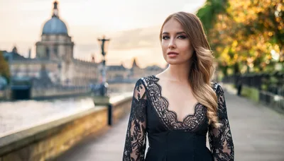 Elegant Woman In Black Lace Dress Standing By River