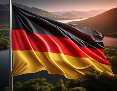German Flag Waving Over Scenic Mountain Landscape