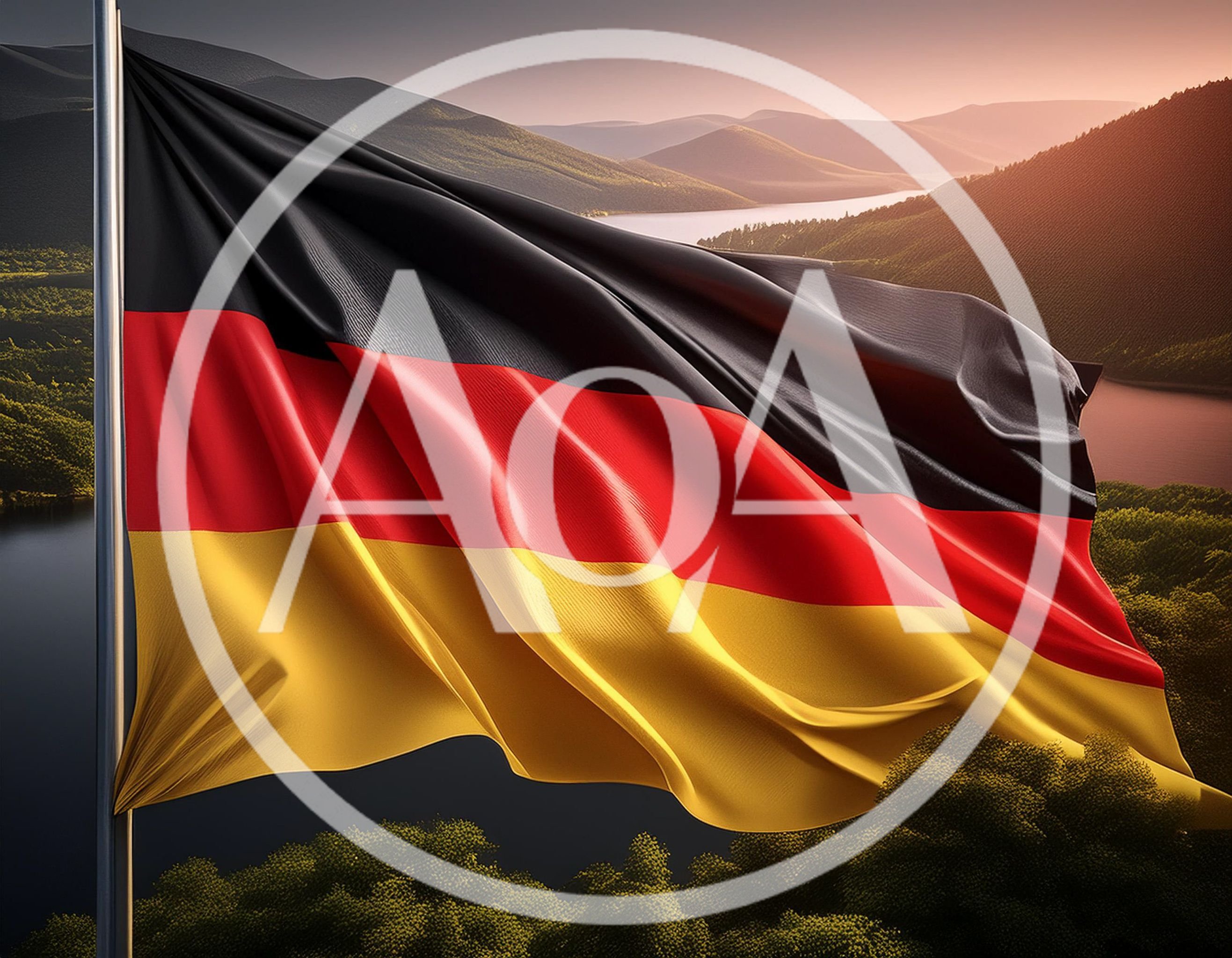 German Flag Waving Over Scenic Mountain Landscape