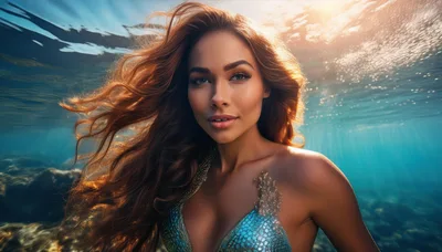 Beautiful Mermaid Swimming Underwater In Tropical Ocean