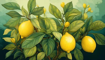 Illustration Of Ripe Yellow Lemons On A Tree