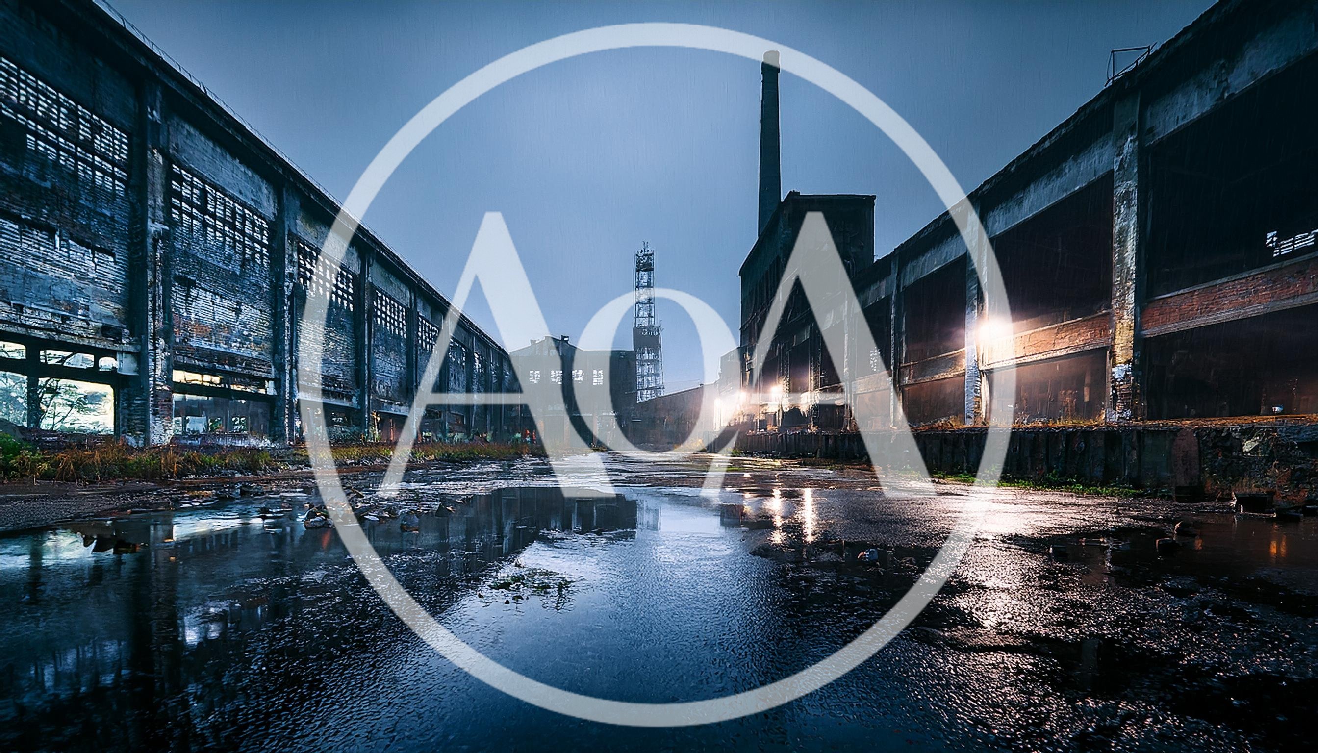 Abandoned Industrial Factory Complex At Night