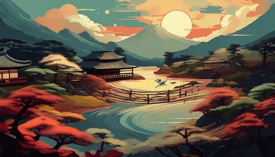 Japanese Landscape With Traditional Architecture And Mount Fuji