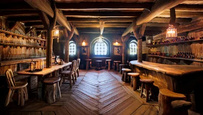 Rustic Wooden Tavern Interior With Bar And Stools